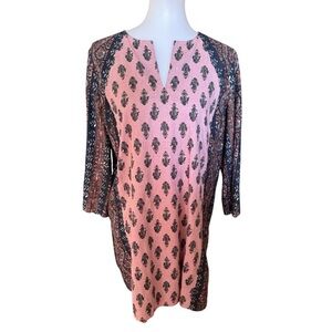 J. Jill Folkloric Stamped Blue and Pink Cotton/Linen Tunic w Bohemian Style M